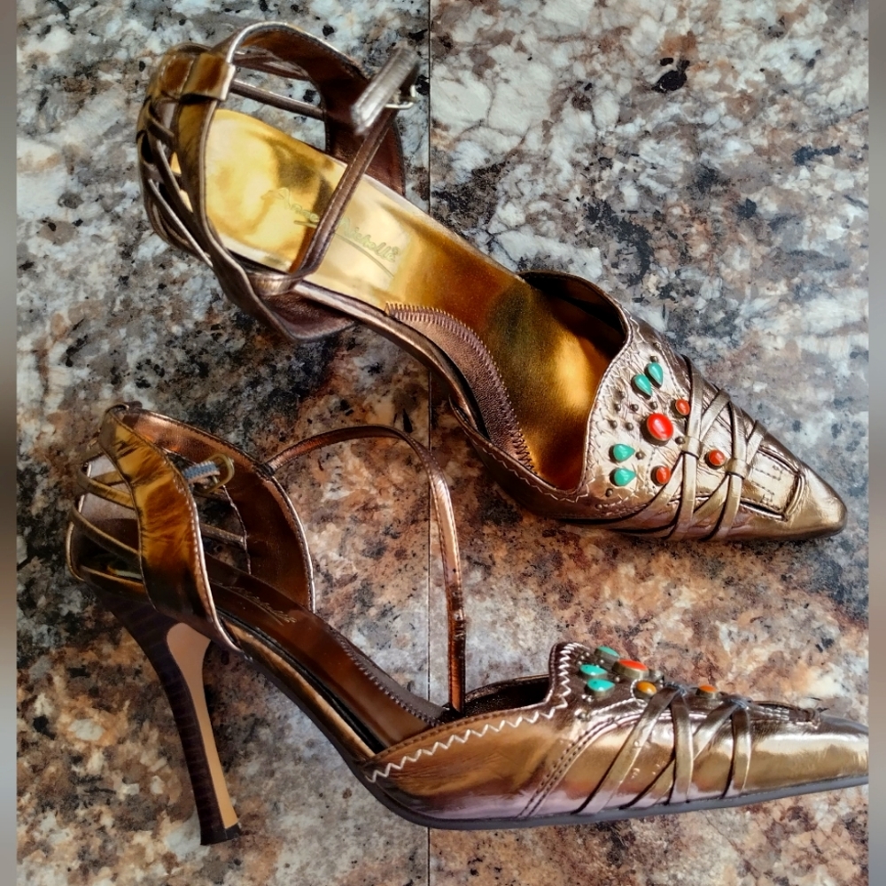 Anne Michelle Bronze/ Gold tone Jewel 👠 Strap heels